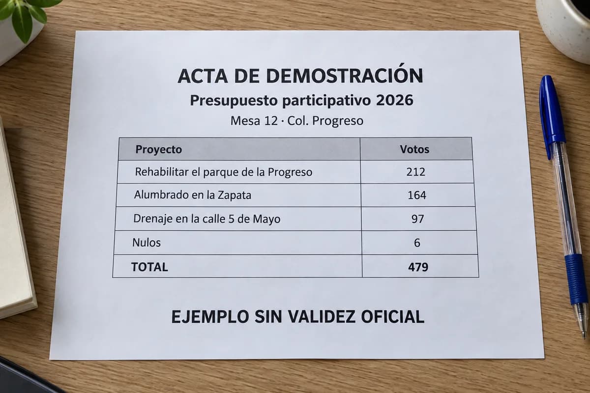 Acta de demostración de presupuesto participativo: 212, 164 y 97 votos, 6 nulos, total 479. Sin validez oficial.
