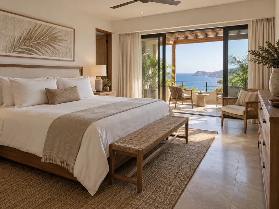 Suite de demostración con cama king y balcón con vista al mar