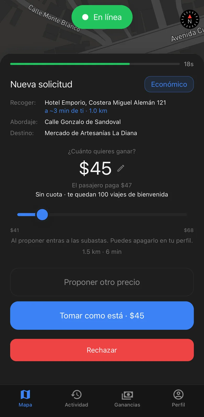 Zanca Driver: nueva solicitud con recogida, destino, la clase del viaje y cuánto gana el conductor