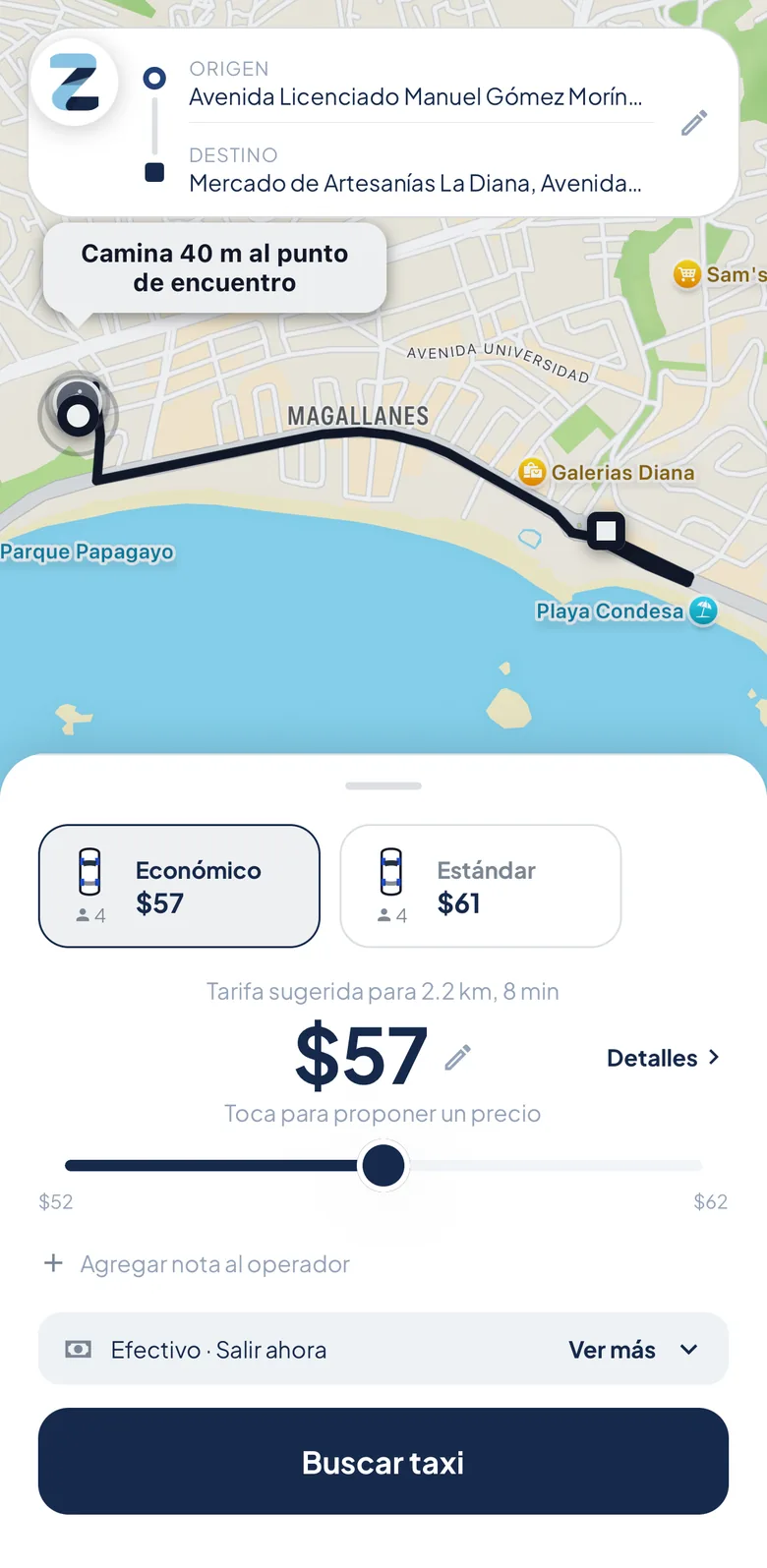 Pantalla de la app: origen y destino sobre el mapa, la clase de servicio y la tarifa sugerida