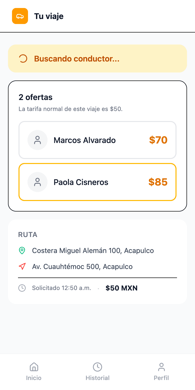 Pantalla de la app: dos ofertas de conductores con su precio