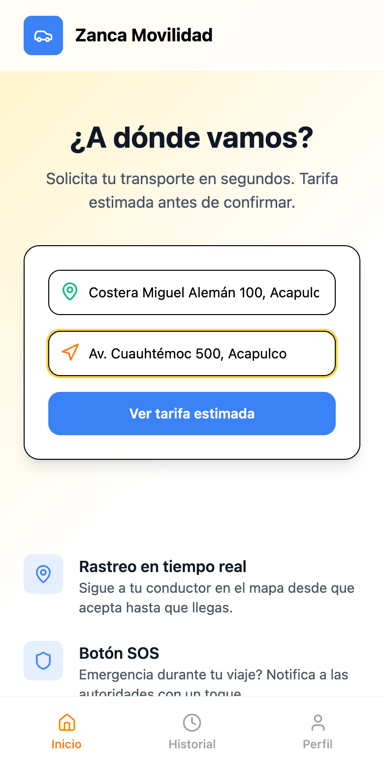 Pantalla de pedir un taxi: a dónde vamos
