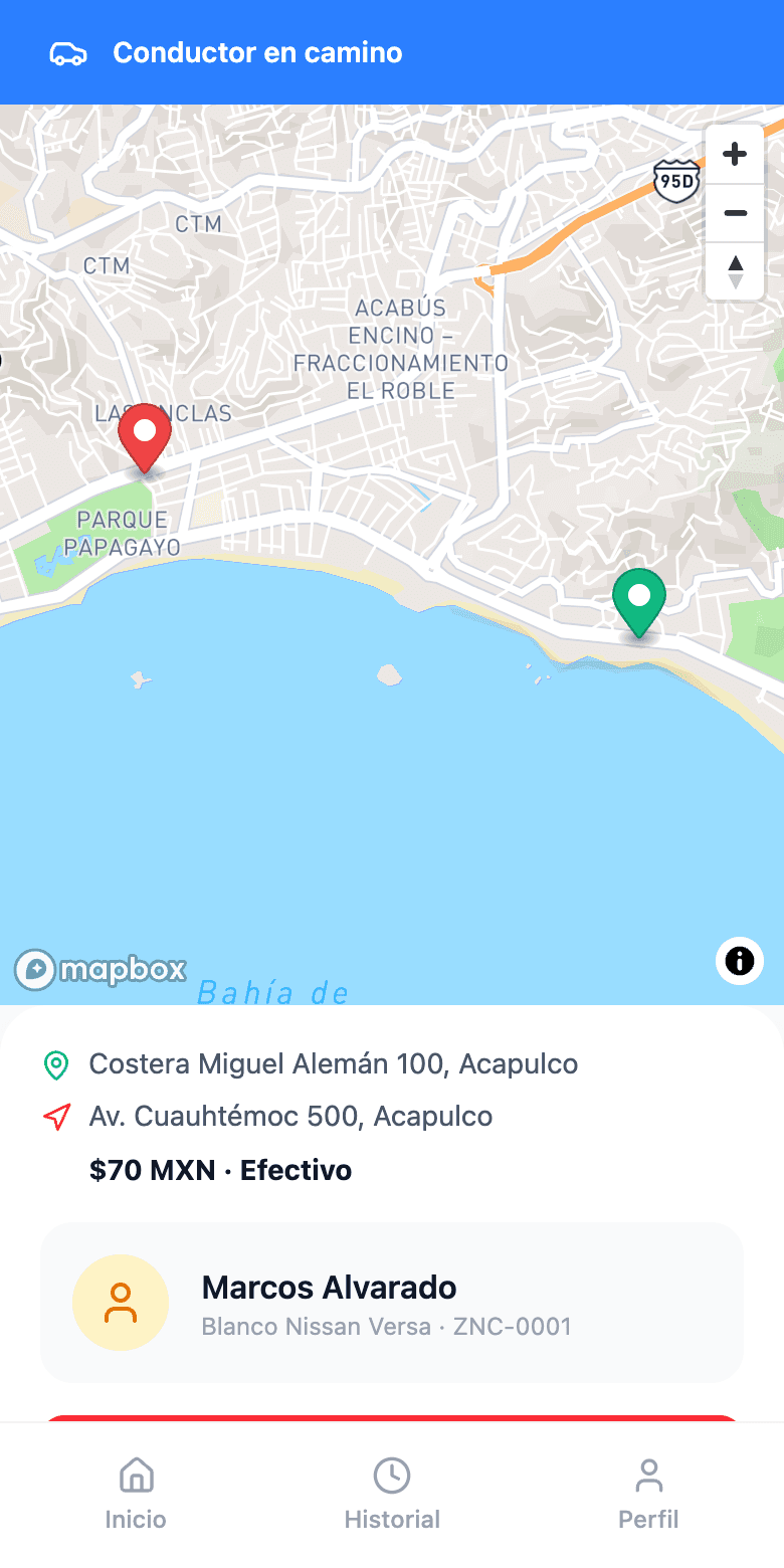 Pantalla de la app: el conductor en camino sobre el mapa de Acapulco
