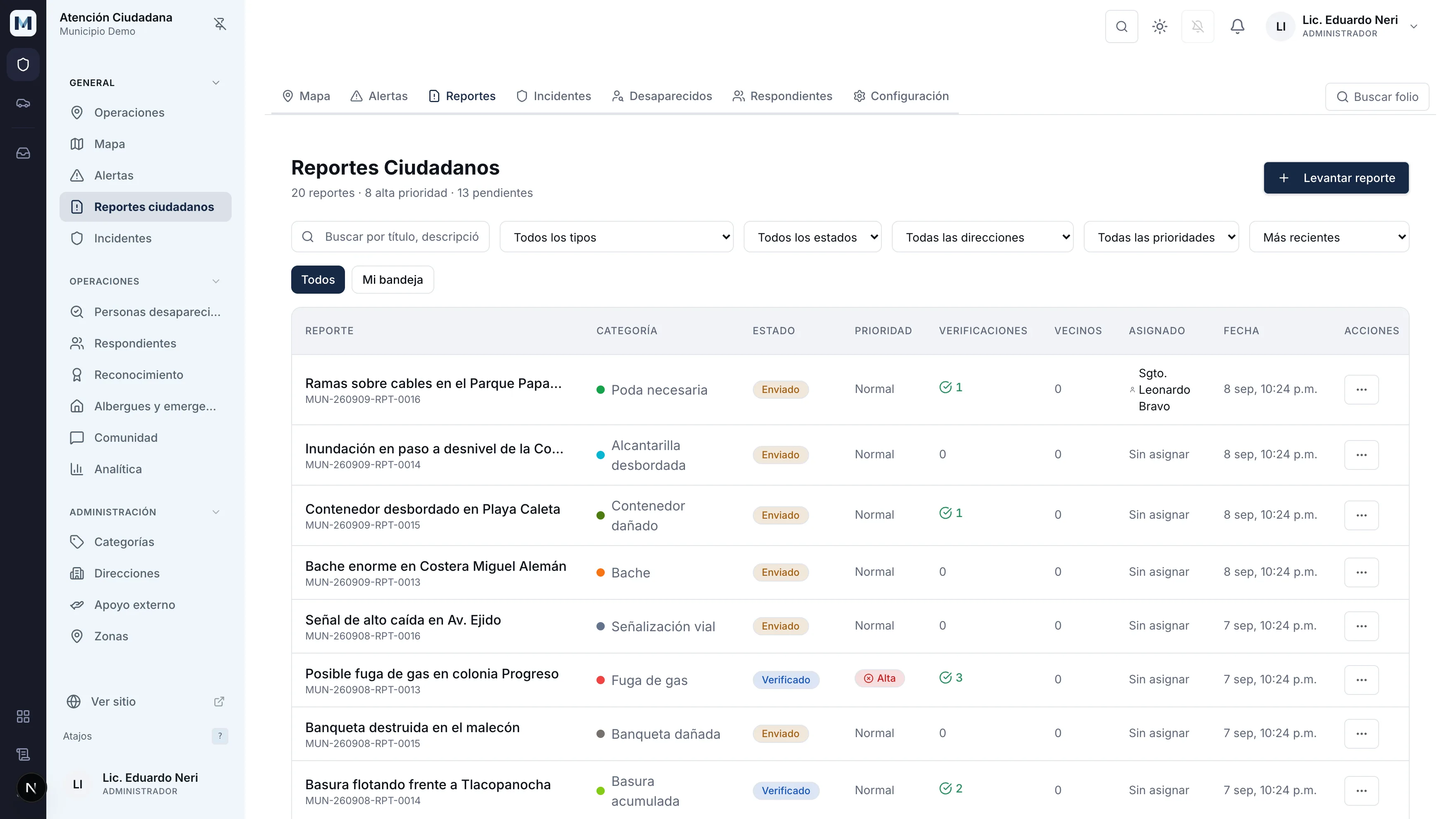 Mesa de reportes ciudadanos del panel: folio, categoría, estado, prioridad, verificaciones y área responsable de cada reporte.